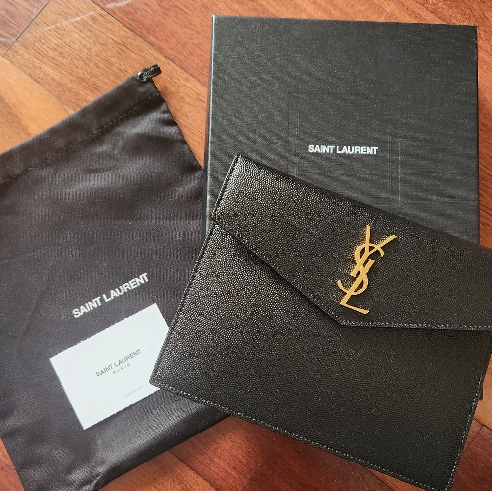 Saint Laurent Black Envelope Leather Clutch with Gold YSL Emblem